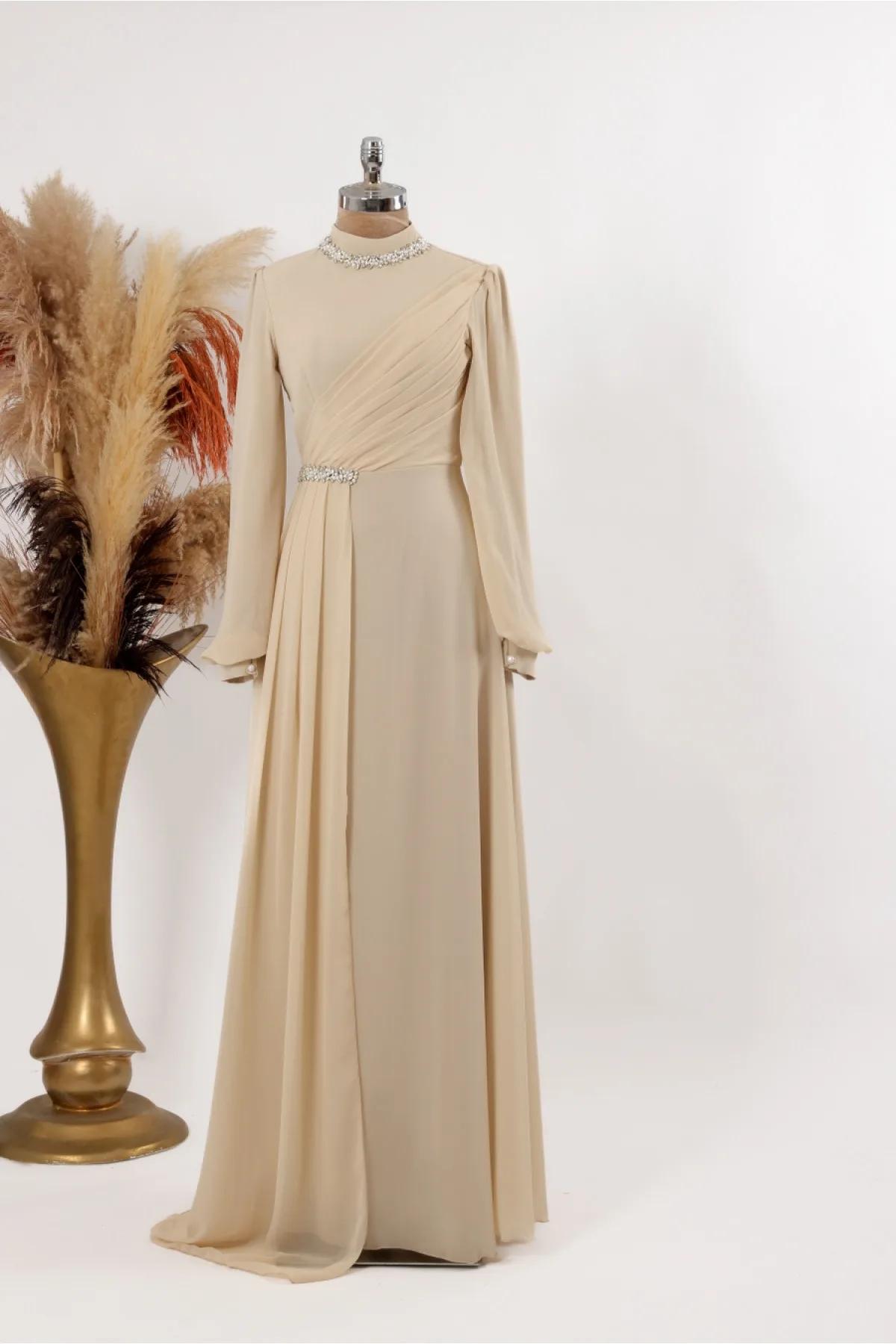 Tesettür Abiye - Berry Abiye - Bej