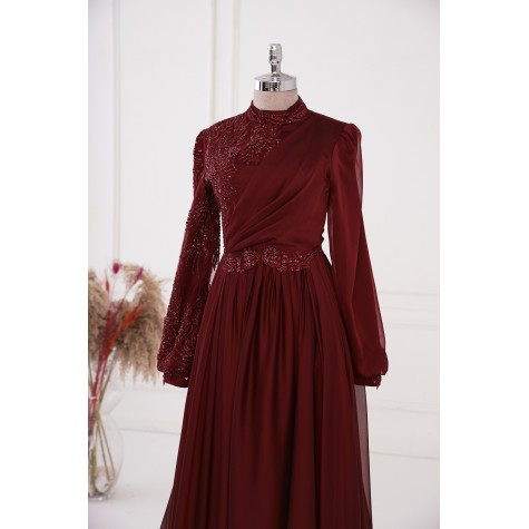Dilruba Chiffon Dress - Claret Red