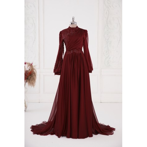 Dilruba Chiffon Dress - Claret Red
