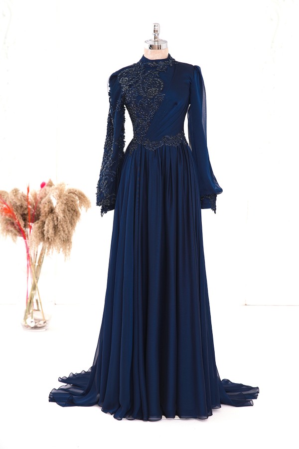 Hijab Dress - Dilruba Chiffon Dress - Dark Blue