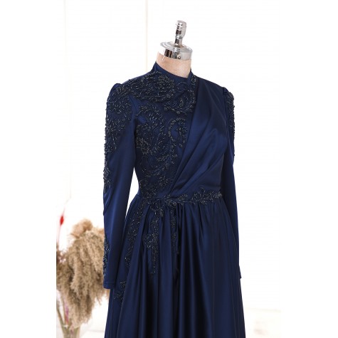 Hijab Dress - Esila Satin Dress - Dark Blue