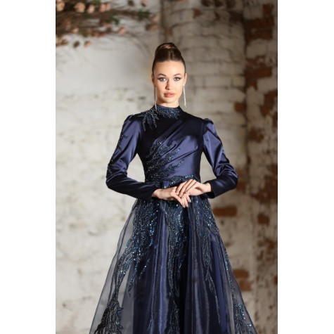 Gozde Satin Dress - Dark Blue