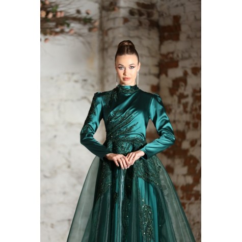 Hijab Dress - Gozde Satin Dress - Emerald