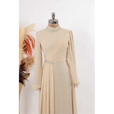 Tesettür Abiye - Berry Abiye - Bej