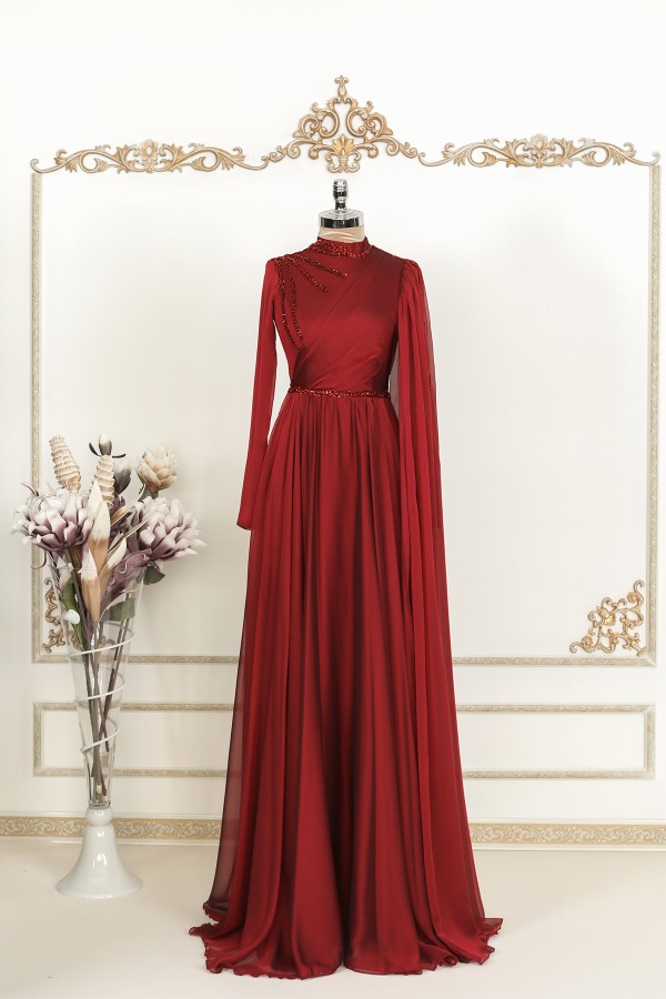 Hijab Dress - Hayal Chiffon Dress - Claret Red