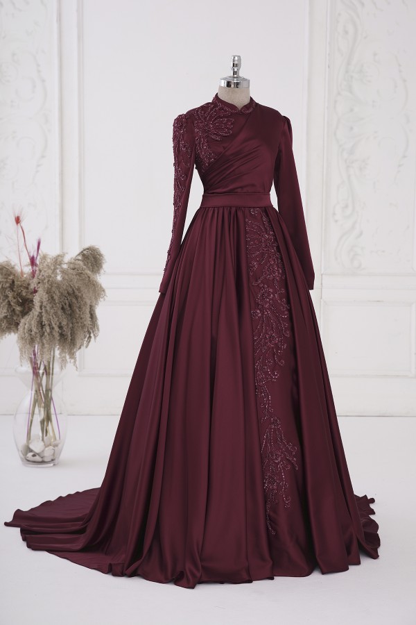Hurrem Satin Dress - Claret Red