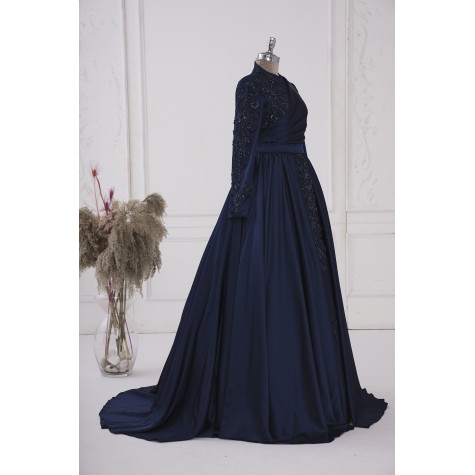 Hurrem Satin Dress - Dark Blue