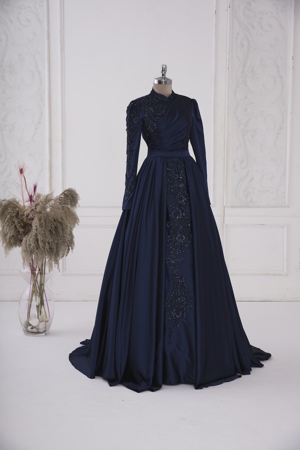 Hijab Dress - Hurrem Satin Dress - Dark Blue